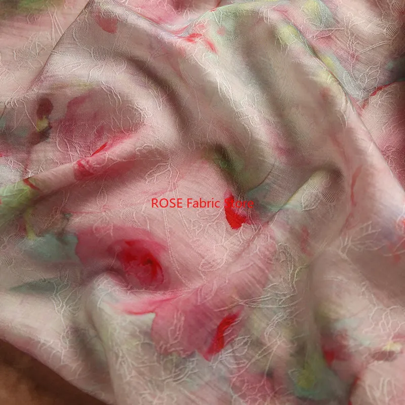 Peach Blossom Jacquard Digital Print Sheer Fabric Chinese Style for Qipao Dress Designer Material By The Yard