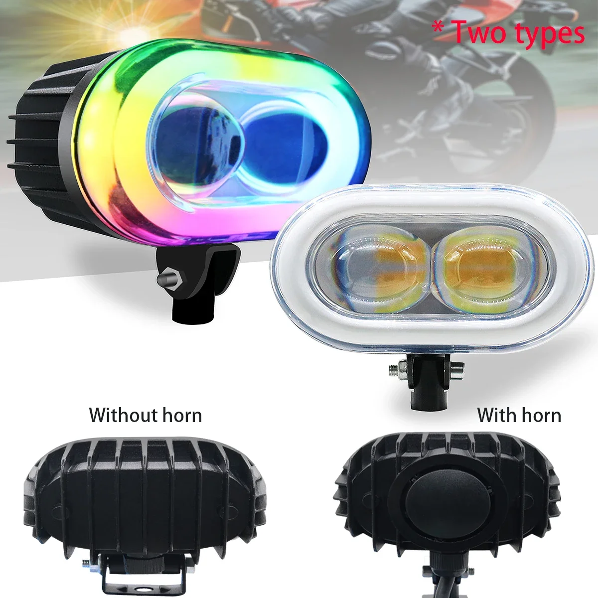 Dual Mirror Motorcycle Spotlight With/Without Horn, Universal Dual Color RGB Aperture Waterproof Headlights For Mountain Off-roa