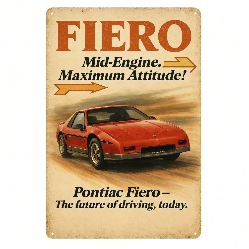 VSKFRS - Letrero Decorativo de Metal Vintage de 20x30cm con Diseño de Pontiac Fiero, Decoración Retro para Pared de Garaje o Cuarto de Hombre, Coleccionable