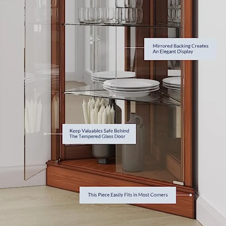 Lighted Corner Display Curio Cabinet for home bar use, wooden material, walnut finish, tempered glass door and 6 adjustable she view 4