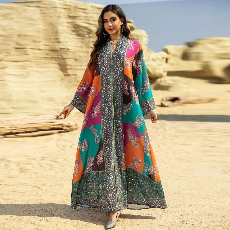 

2025 New Middle East Abaya Dress Floral Print Rhinestone Long Robe