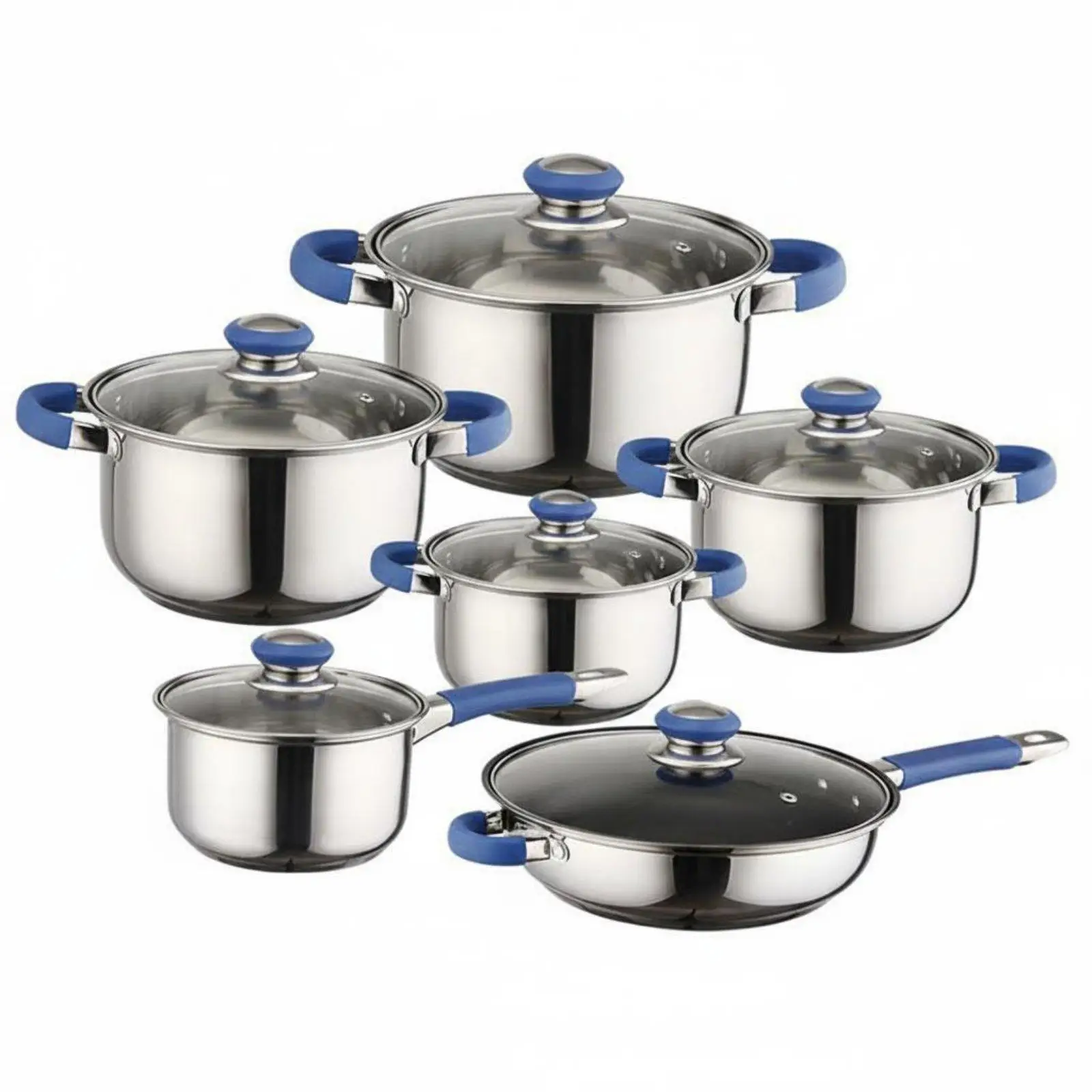 Stainless Steel Pots and Pans Set 12 Piece with Glass Lids for Boiling Simmering Frying and Reheating in Everyday Kitchen