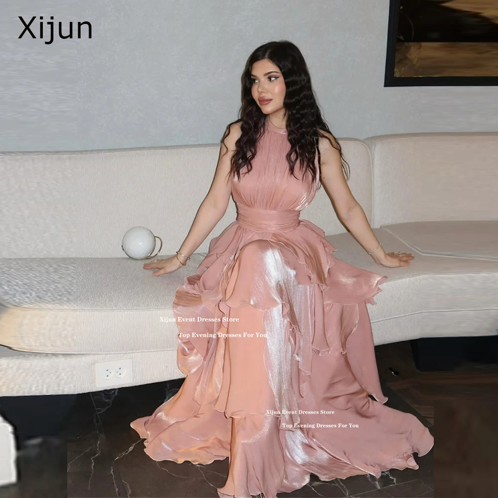 ซีจุนสีชมพูเงาชุดราตรียาวชั้นแขนกุดชุดราตรีซาอุดีอาระเบียอย่างเป็นทางการเอ-ไลน์ชุดราตรีที่กำหนดเอง