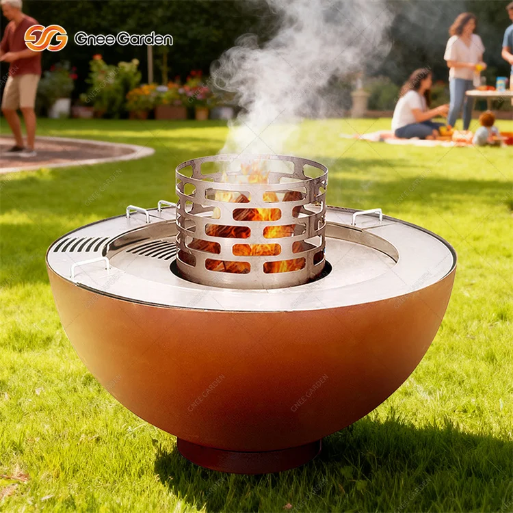 Modern Camping Outdoor Corten Steel Garden Fireplace Fire Pit BBQ with Trolley and Flame Safety Device