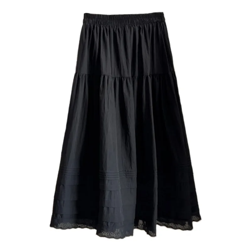 White High Waist Lace Long Skirt Women's Casual Pleated Basic Summer 2026 Solid Loose Elegant Skirt For Women Femme Clothes