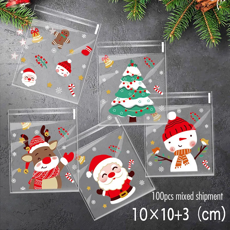 100pcs Christmas Treat Bags - Self-sealing, Disposable Opp Candy & Cookie Pouches With Festive Cartoon Designs For Holiday Gift