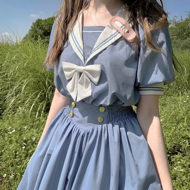 Harajuku Sailor Kraag Marine Blauwe Jurk Japanse Lolita Zoete Boog Meisje Retro Katoen Kawaii College Stijl Lange Mouwen Jurk vrouwen