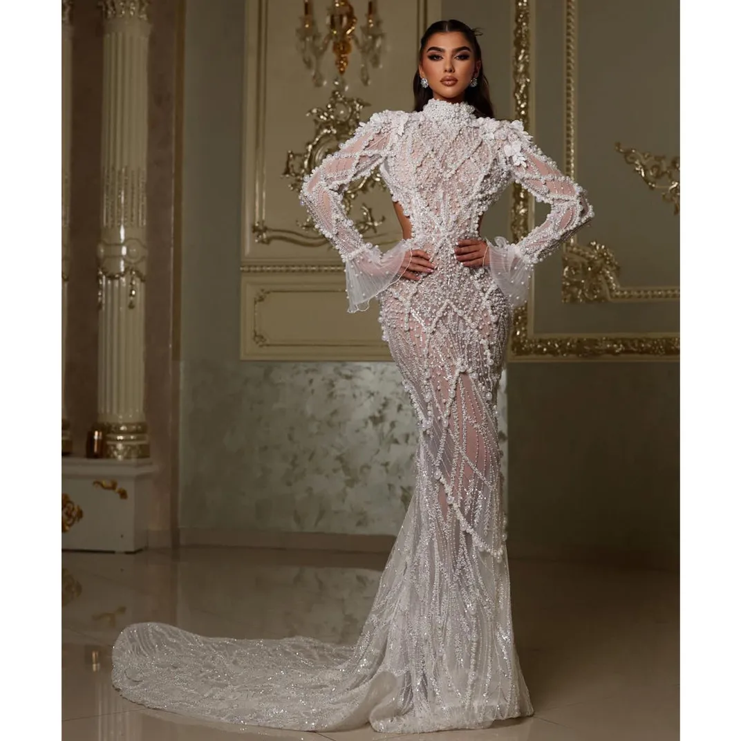 Luxury Evening Dresses Long Sleeve High Neck Sparkly Sequins Beaded Appliques 3D Lace Pearls Backless Prom Dresses Custom Made