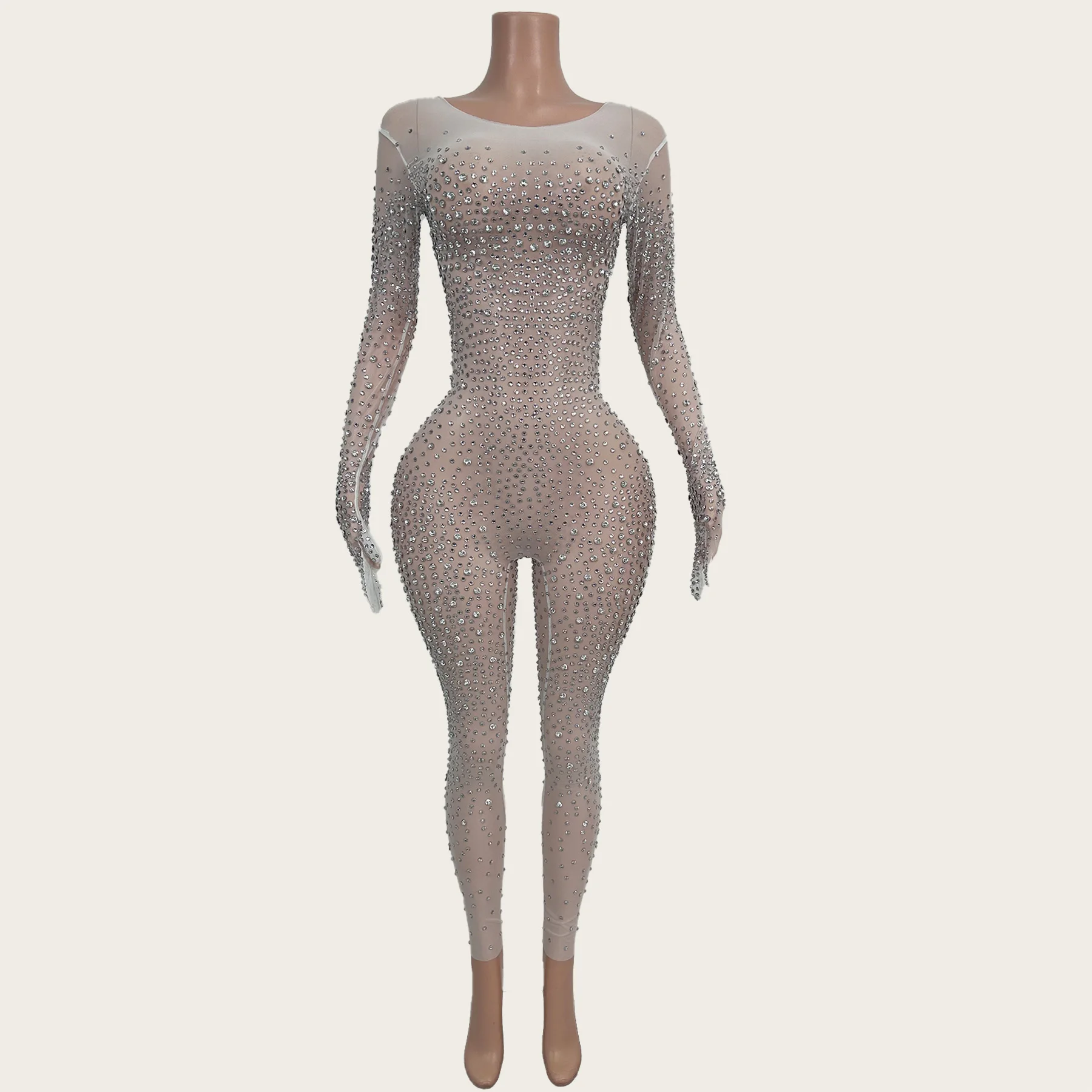 

Sexy Showgirl See Through Mesh Outfit Women Sparkly Full Crystals Tight Fitting Jumpsuit Night Party gig Stage Wear Tiaotiaotang