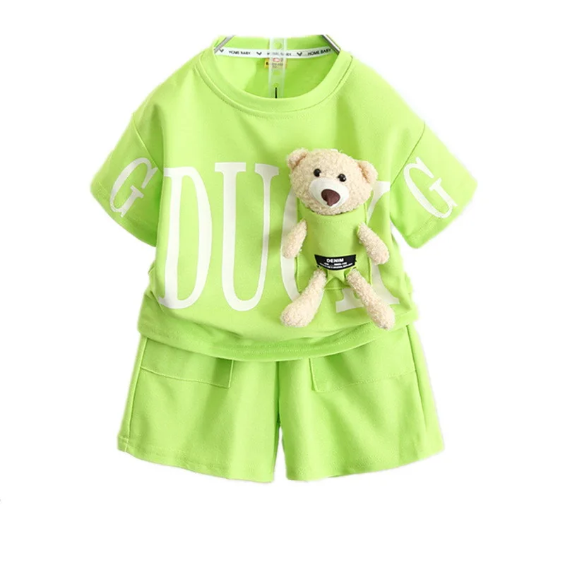 

Детские летние милые футболки с короткими рукавами с плюшевым мишкой + шорты, костюмы из 2 предметов, модная одежда для мальчиков и девочек от 2 до 11 лет, детские спортивные костюмы