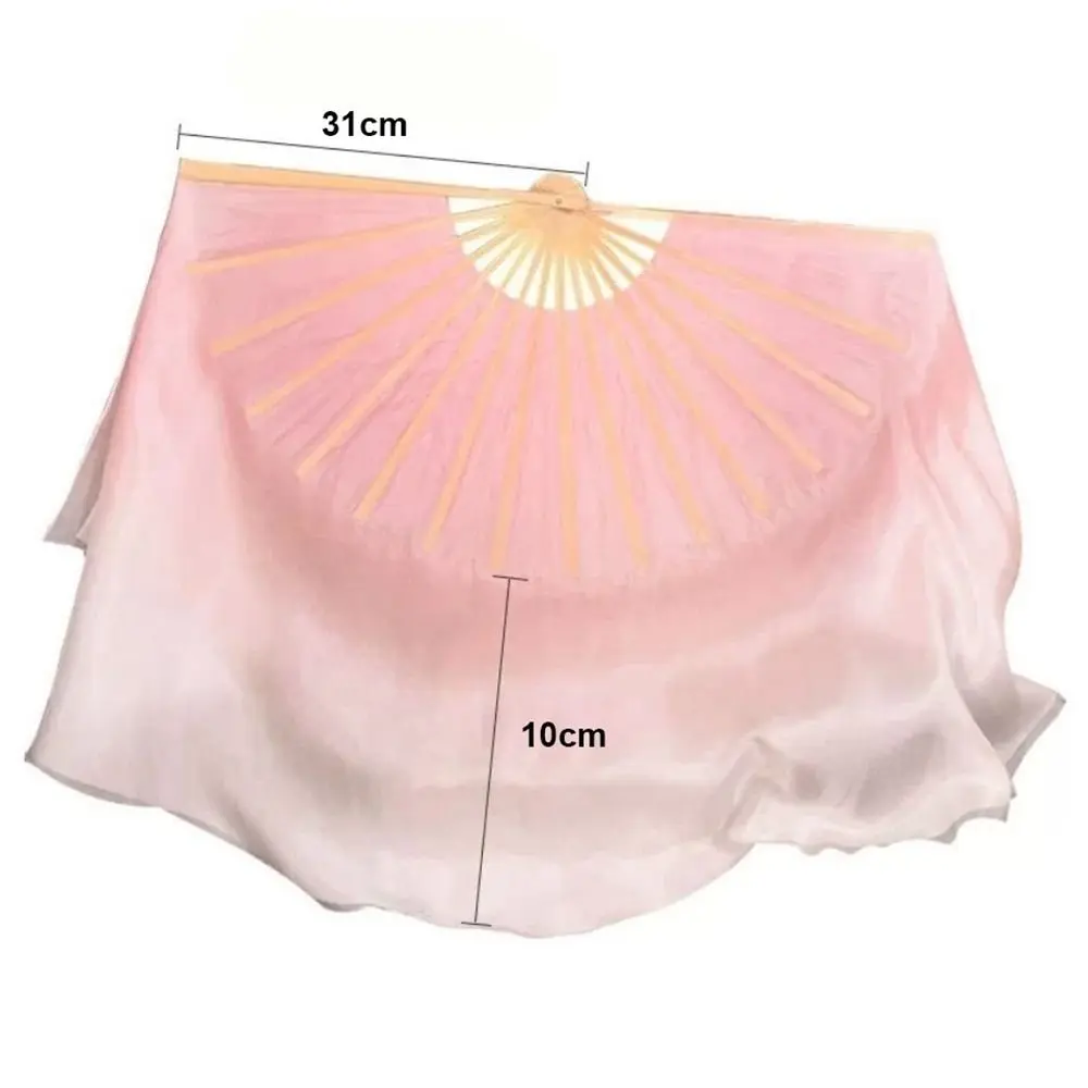 Abanico corto chino de bambú para danza del vientre, velo de seda de medio círculo de 10cm, pares largos de imitación, abanicos de bambú para danza Yangko, 31cm