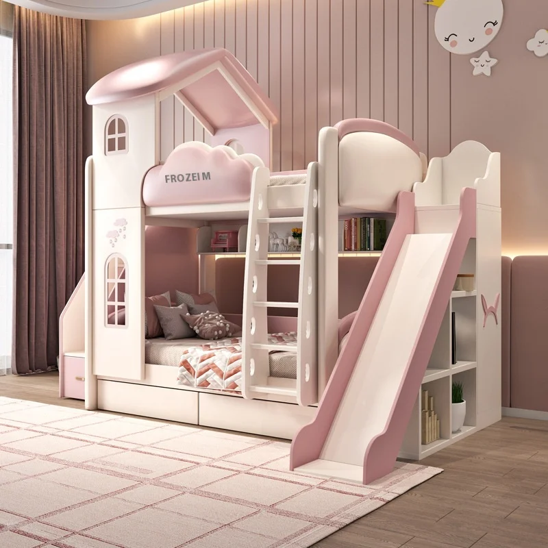 

Princess Girl's Castle-Style High & Low Wood Bed with Two Layers for Small Apartments or Bedrooms Kids' Bed & Mother's Bed