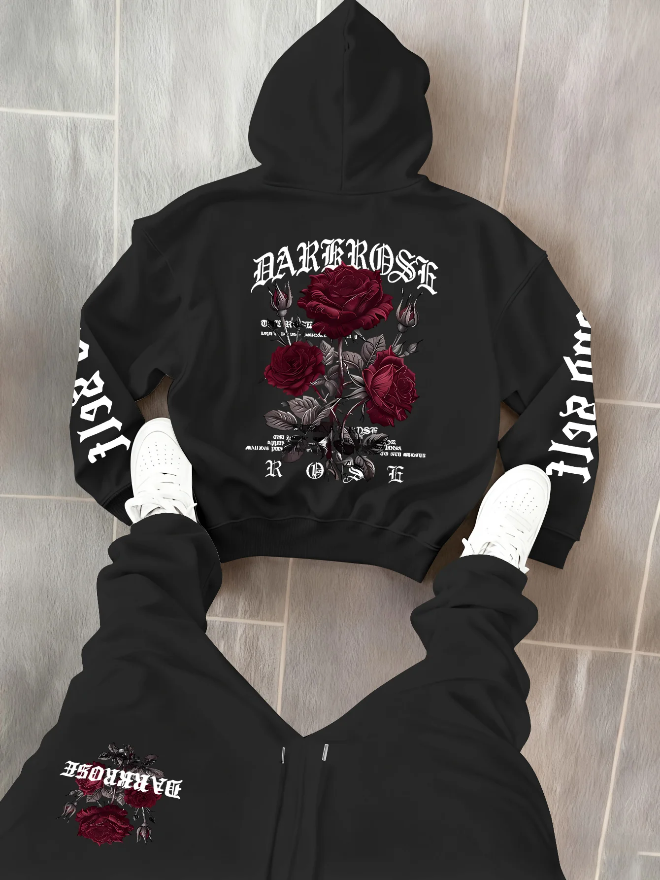 Men Retro Gothic Letter & Dark Rose Print Tracksuit, Loose Long Sleeve Hoodie & Pants 2Pcs Casual Sportswear Set men's casual