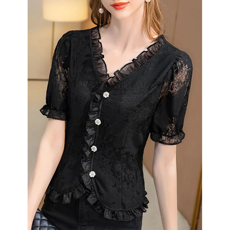 Summer Women Clothing Short Sleeve Top Ladies Lace Chiffon Shirts Female Elegant Ruffles Embroidery Blouse