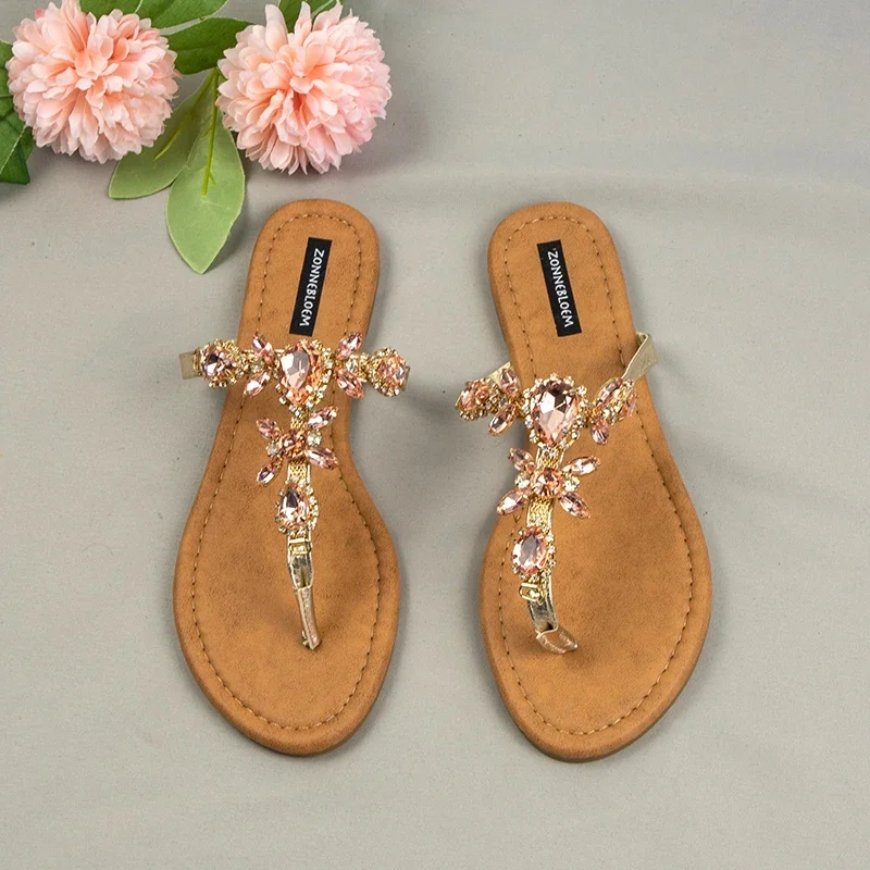 2024 New Women\'s Flip-flops Summer Party Shoes for Female Bling Flower Rhinestones Large Size Flat Heels Outside Ladies Slippers