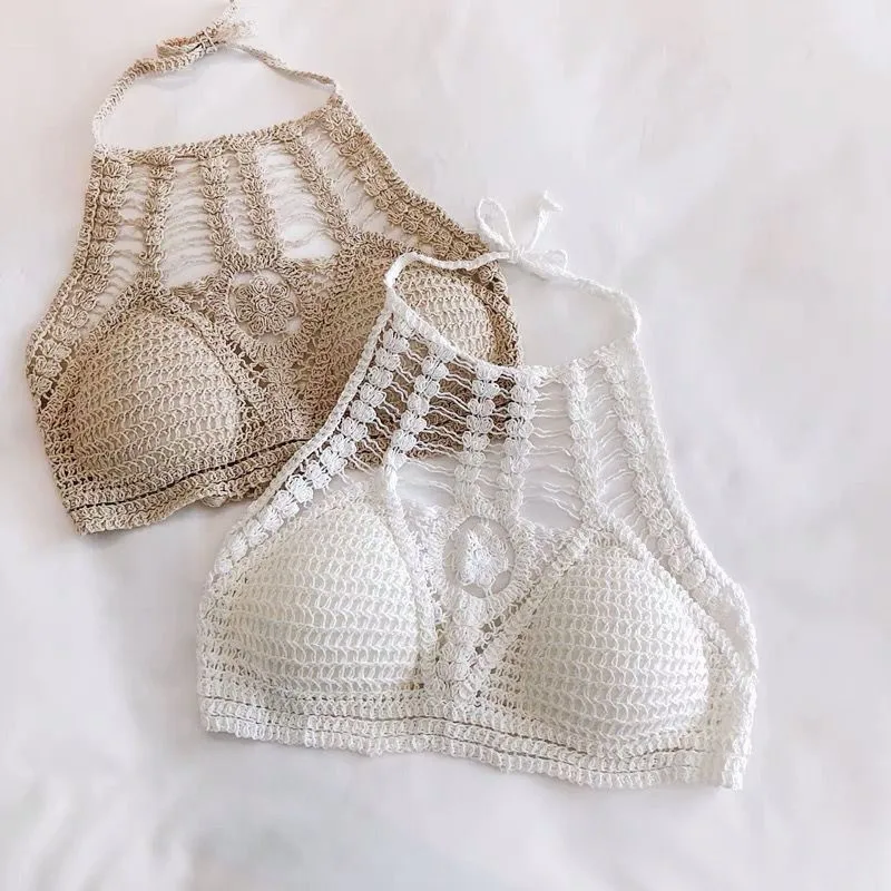 

Women Bralette Halter Top Crochet Backless Top Crop Openwork Knitted Tanks and Camis Beach Vacation Spring Summer 2026