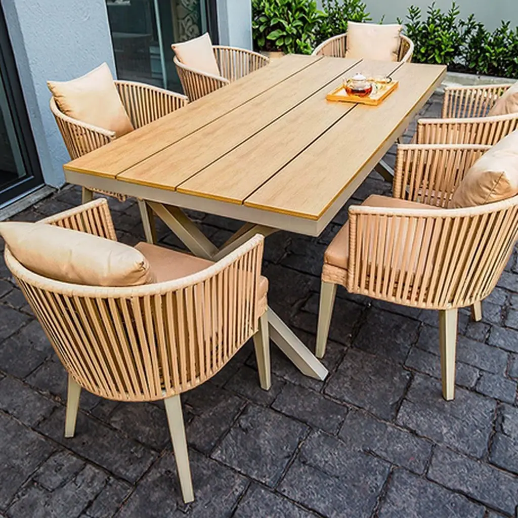 

Woven Rattan Plastic Wood Outdoor Table Chair Set Open-Air Leisure Furniture for Patio Garden Villa Terrace Living Room