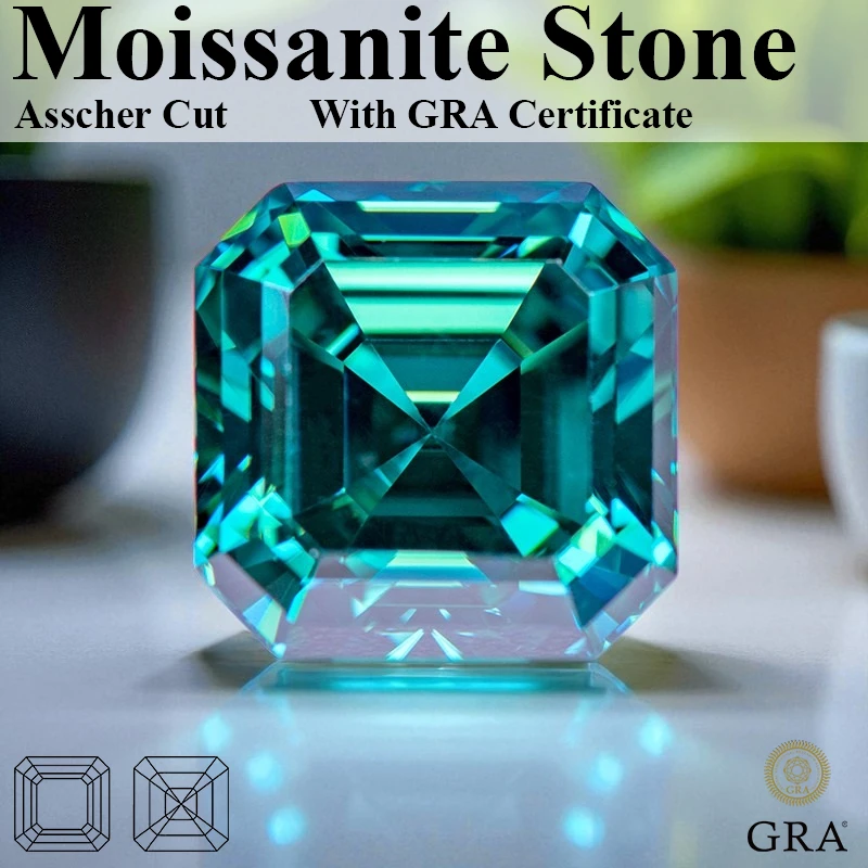 

Moissanite Stone Emerald Green Natural Color Asscher Cut Loose Gemstone with Certificate for DIY Jewelry Making