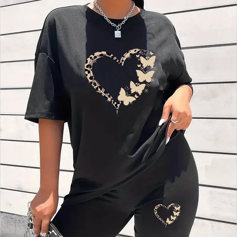 Leopard Heart Print Women's Plus Size Tshirt Two Piece Set Fashion Brand Legging Shorts Sports Shorts Tracksuit Outfit for women