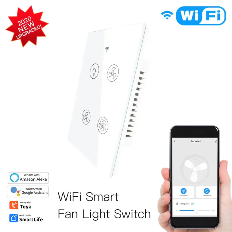 Tuya WiFi+RF433 Smart Ceiling Fan Light Switch 2/3 Way Control Smart Life APP Speed Regulation Works With Alexa Home