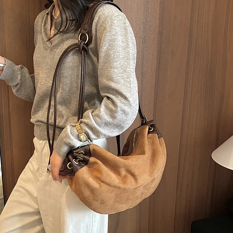 Women PU Leather Dumpling Bag Ladies Crossbody Shoulder Handbag with Color Block and Knot Strap Detail Daily Travel Purse Casual