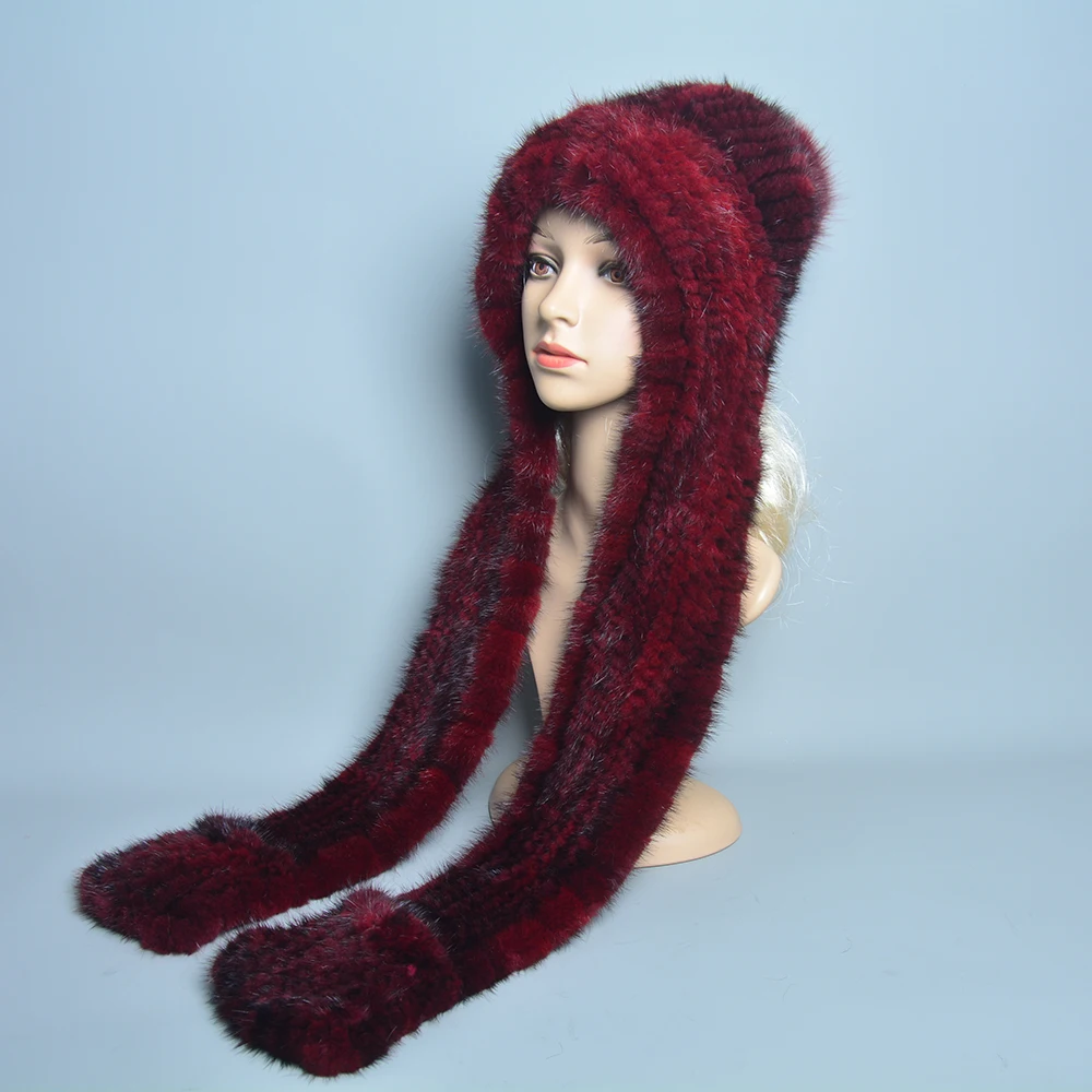 Winter Women Outdoor Warm Real Mink Fur Cap scarf Knitted Natural Mink Fur Hat Scarves Lady Quality 100% Genuine Fur Hat Muffler