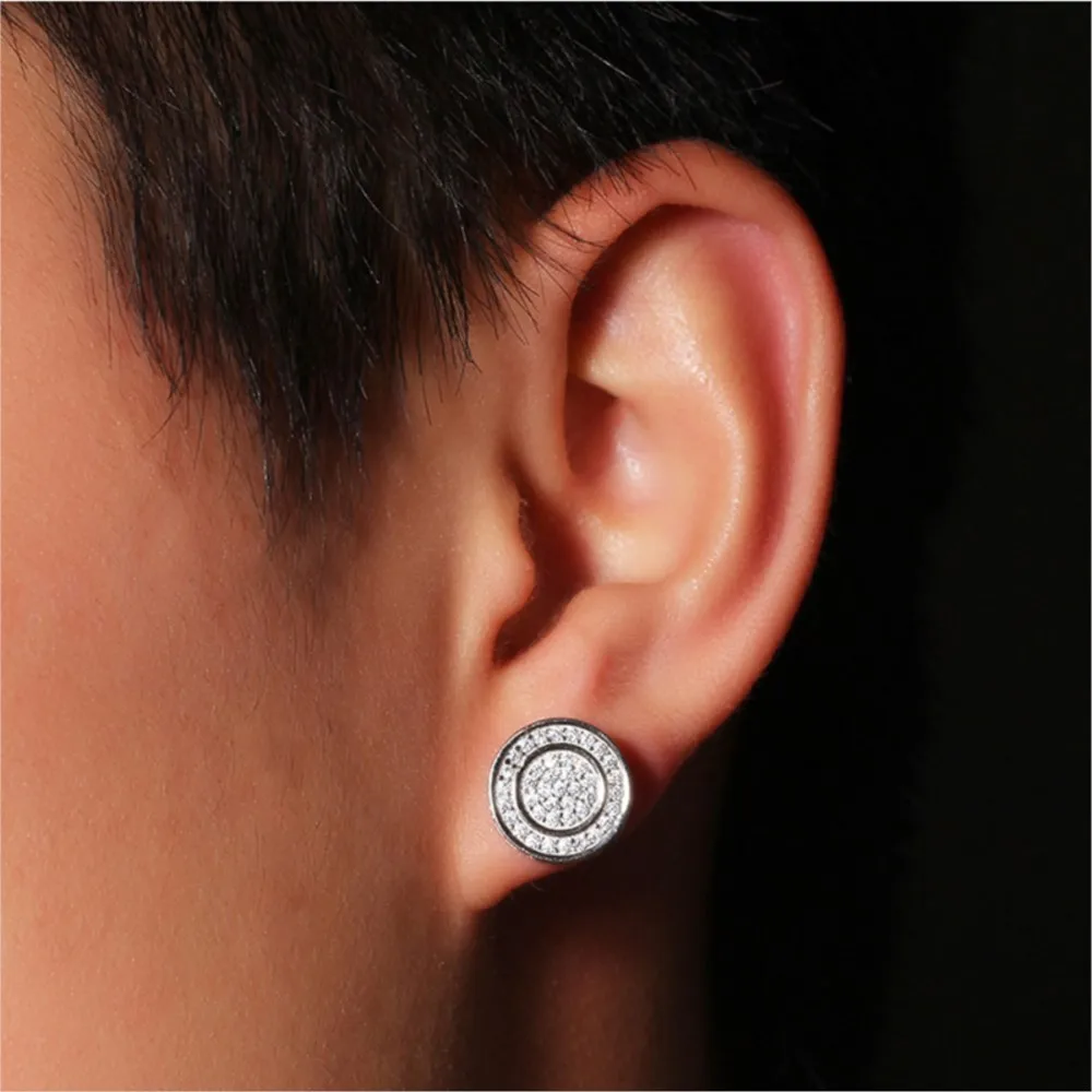 Hippie Shiny Round Zirconia Studs Earrings For Men Hip Hop Rappers Gold Color Earings Punk Silver Color Jewelry Gift Male OHE010