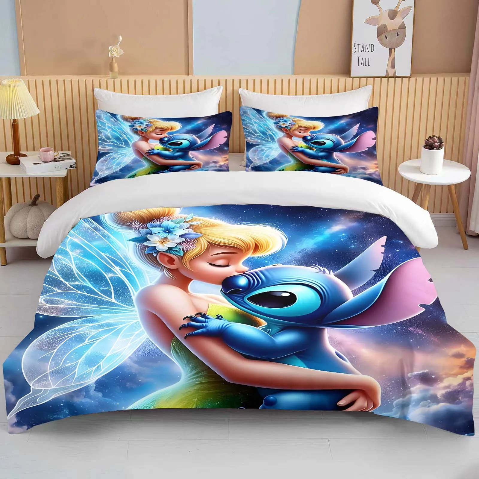 Disney Princess and Stitch Printed Bedding Set Cartoon Microfiber Bed Set Pillowcase Adult Bed Cover Bedroom Bed Set Duvet Gift