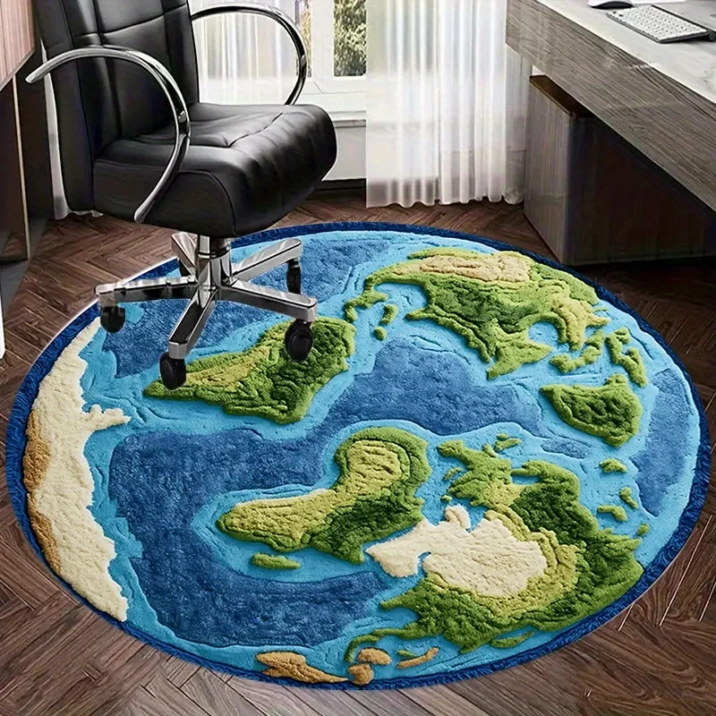 VIKAMA Globe Design Plush Carpet, Round Soft & Sound-Absorbing Rug, Cozy Floor Mat for Bedroom, Study, Office Decor
