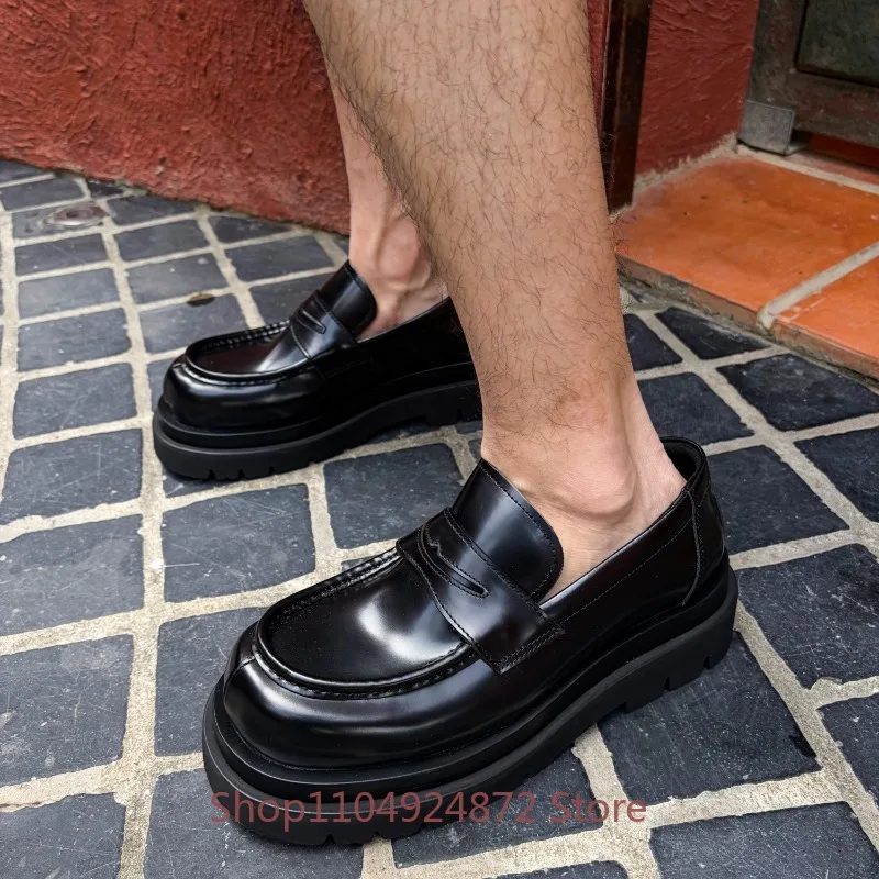 Designer Classic Black Genuine Leather Thick Sole Platform Shoes Men's Loafers Cowhide Fashion Business  Work Wedding Male