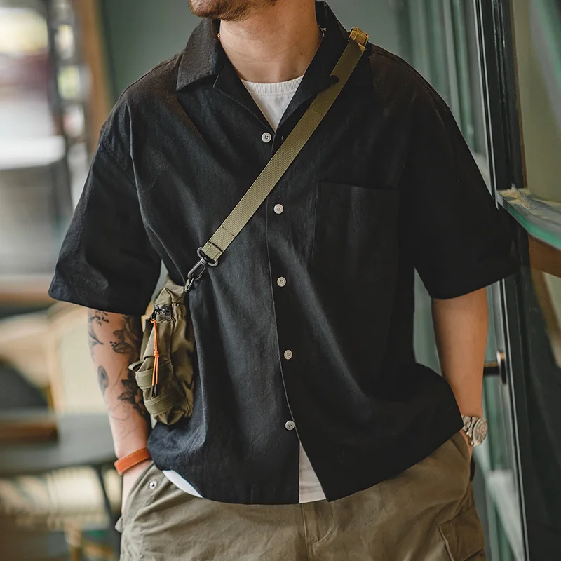 

Summer and Autumn American Retro Casual Lapel Loose Black Pure Cotton Short Sleeved Shirt for Men
