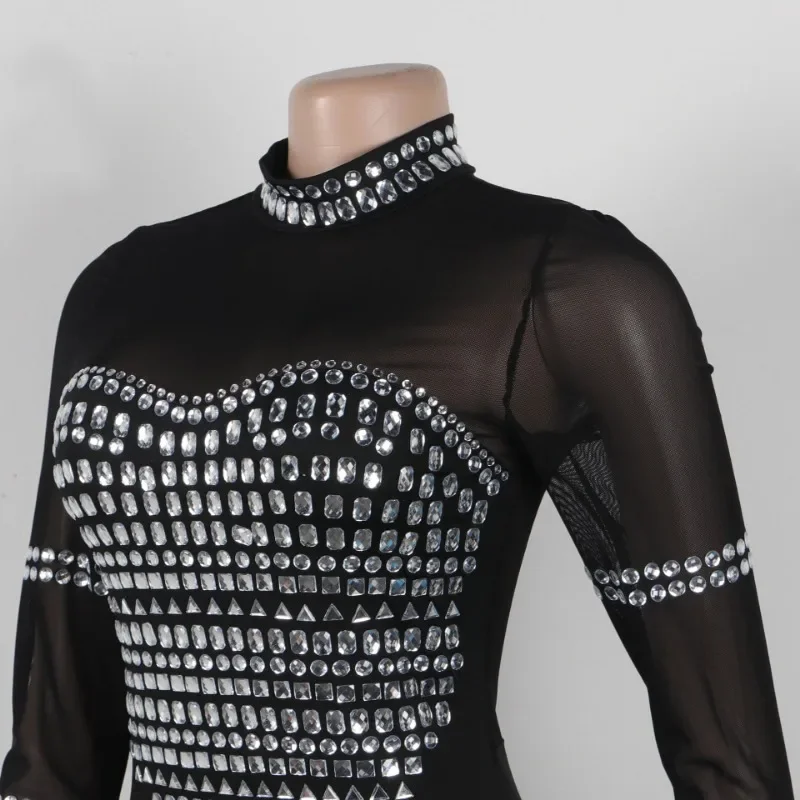 KEXU-Robe Sirène Fendue sur le Côté pour Femme, Manches sulf, Maille Strass, Maxi, Diamants, Robes de Soirée Sexy, Robe Éducative