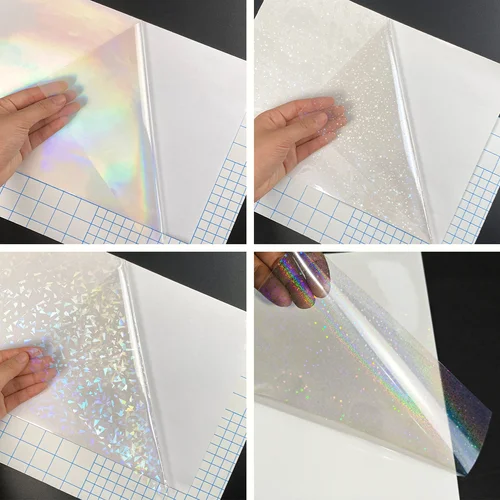 50 hojas de película holográfica de laminación en frío tamaño A4, pegatina de vinilo autoadhesiva transparente, 8,3x11,7 pulgadas, resistente al agua, 4 estilos