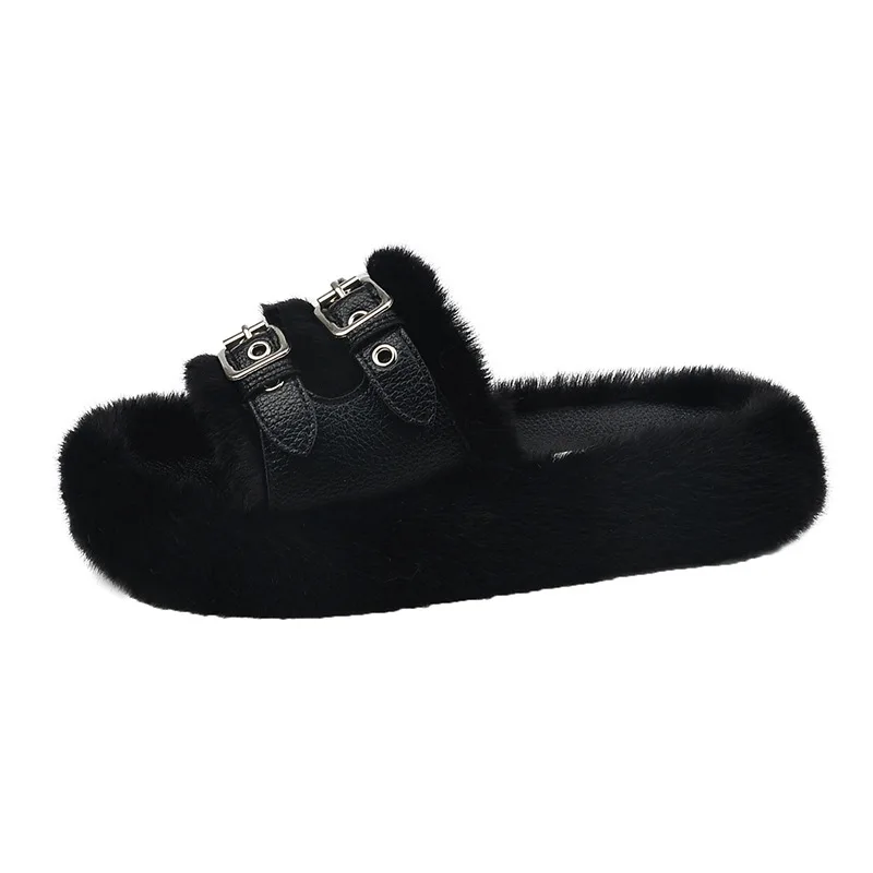 Scarpe donna pantofole femminili infradito in pelliccia Med infradito diapositive Fashion Flock Soft 2024 peluche Hawaiian Luxury Flat Rubber Fret