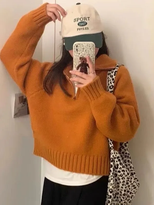 

Loose Women's Knitted Sweater f Zipper Stand Collar Autumn Winter New Sle Korean Faion Outerwear High Quali Polyeste...