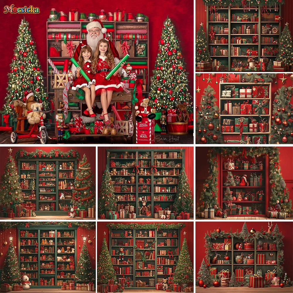 

Christmas Gifts Shelf Photography Background Toy Bear Xmas Tree Red Wall Backdrop Winter Kids Wrapping Gift Studio Photobooths