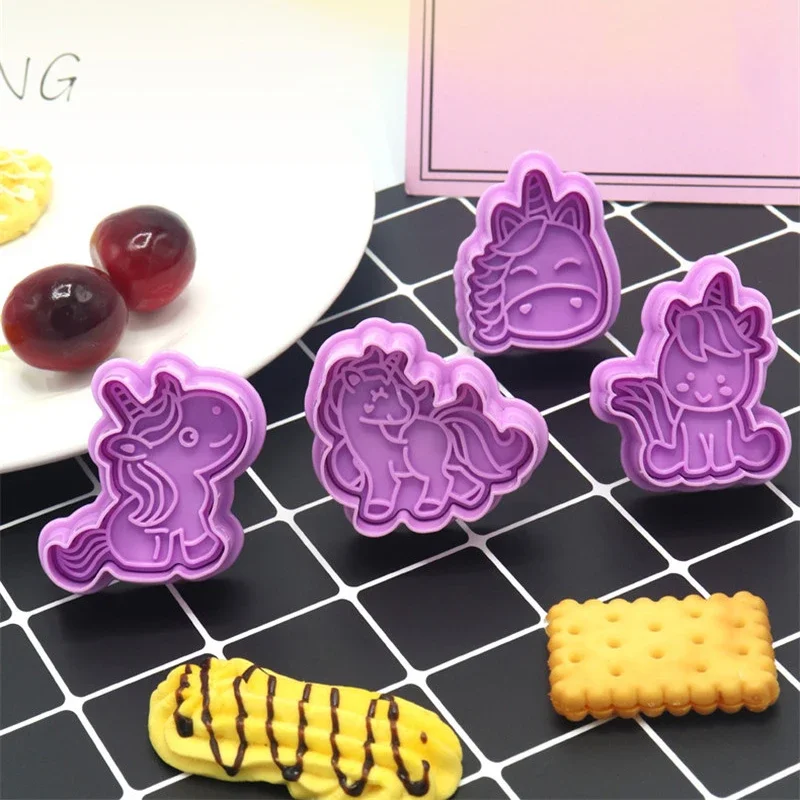 4Pcs/set Unicorn Shape Cookie Cutters Plastic 3D Cartoon Pressable Biscuit Mold Cookie Stamp Kitchen Baking Pastry Bakeware Tool