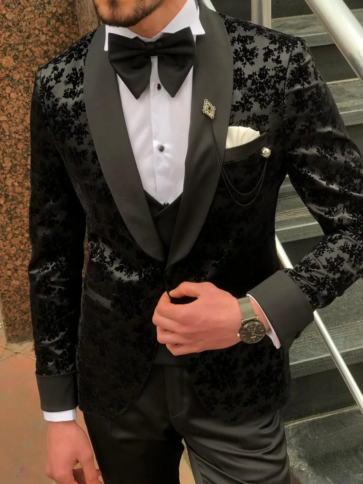 Smoking preto de casamento masculino, terno de noivo com renda personalizada, roupa formal de negócios, colete e calças, novo, 3 peças, 2024