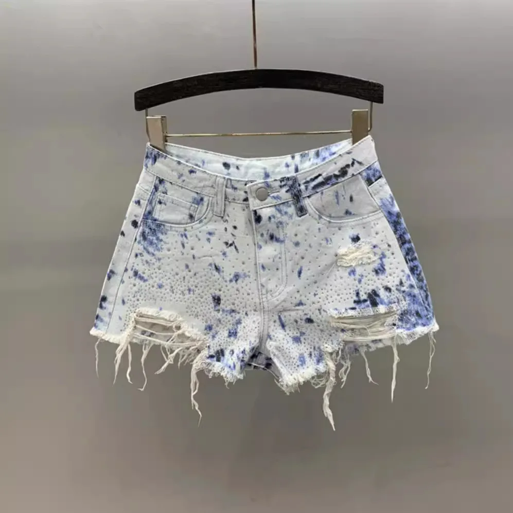 [zoci] Heavy Industry Hot Stamping, Drilling, Holes, Rough Edges, Girl Denim Shorts, Female Design Sense, Niche, High Waist,