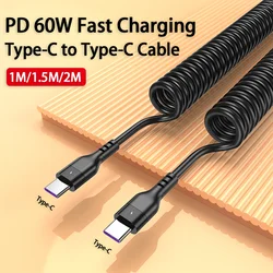 PD 60W USB C to Type-C 5A Fast Charging Type C Cable Spring Telescopic Car Phone Charger USB Cables For Samsung Xiaomi Redmi