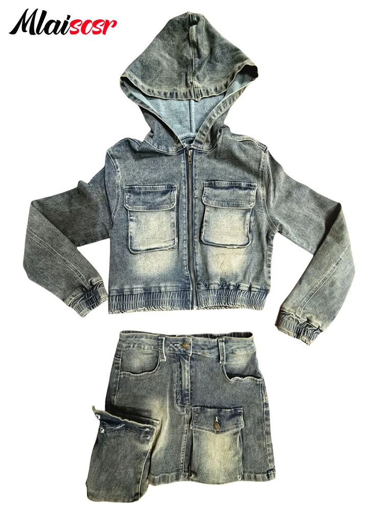 Mlaiscsr Stretch Denim Pockets Cargo Mini Skirts and Long Sleeve Hooded Crop Top Jacket Two 2 Piece Women Sets Jean Club Outfits