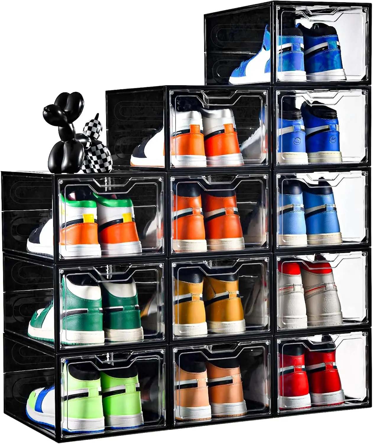 12 Pack Stackable Shoe Storage Organizer with Magnetic Door, Shoe Boxes Clear Black Plastic for Closet, Shoe Rack for Sneaker Bo