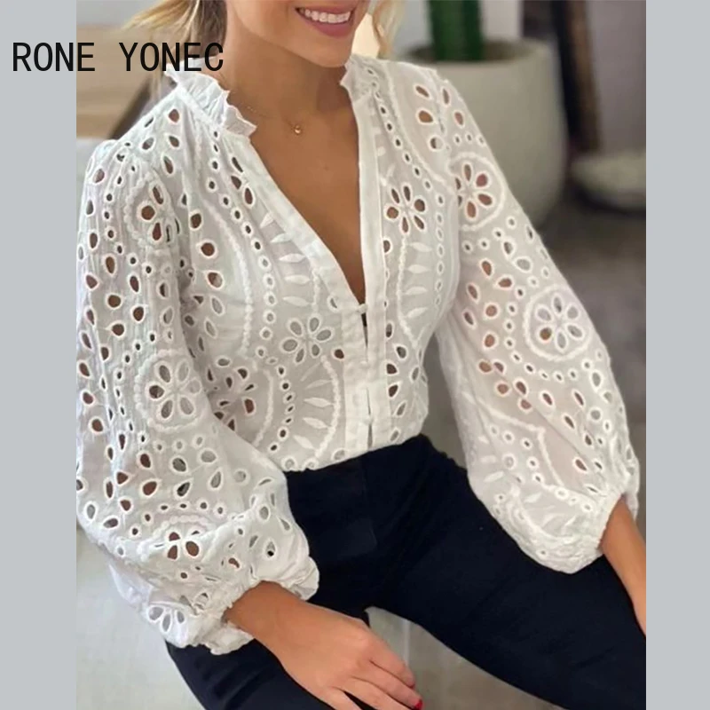 Women Chic Deep V Neck Long Sleeves Hook Flower Hollow White Blouse Tops