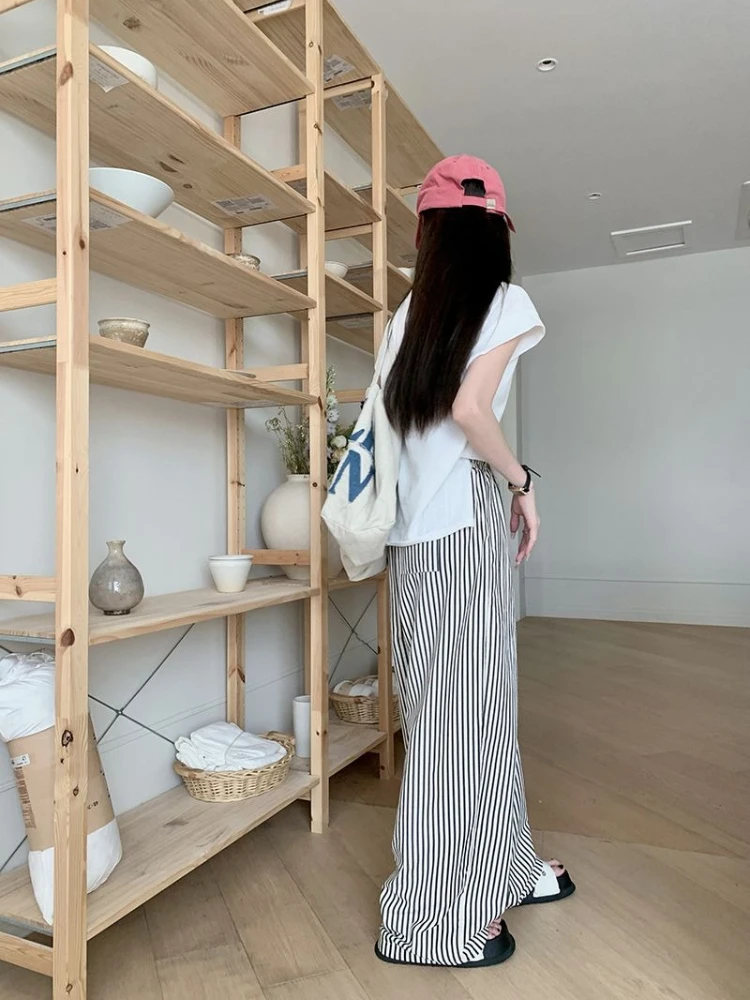 

Summer Women High Waist Loose Casual Pants Straight Leg Wide Leg Trousers Striped Comfort Fit Hip Hiding Slimming Style