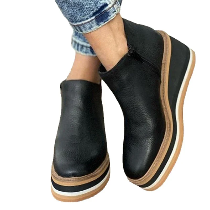 Slope heel shoes autumn and winter new round head color contrast side zipper fashion casual daily super short boots women