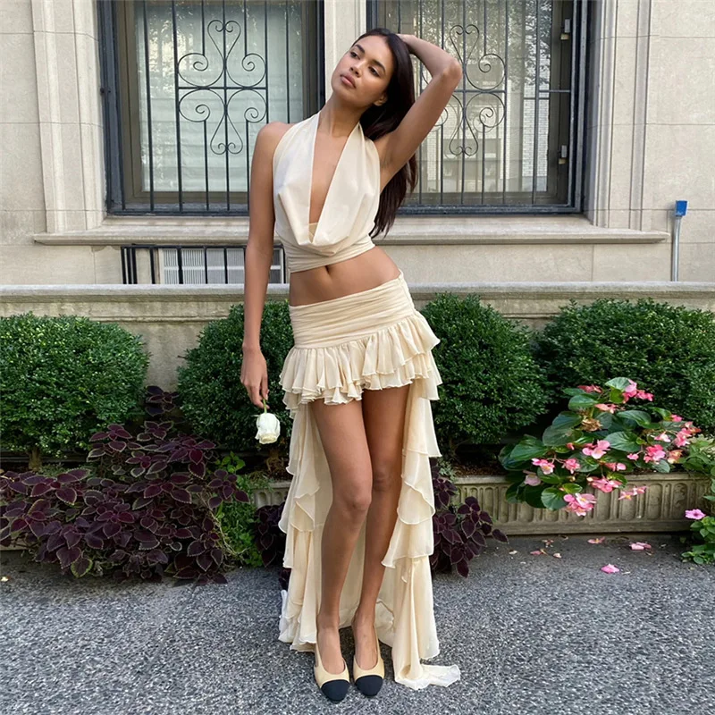 

2025 Elegant Beige Two-Piece Dress with Deep V-Neck and Ruffled Skirt Perfect for Summer Beachwear Pool Parties Summer Getaways