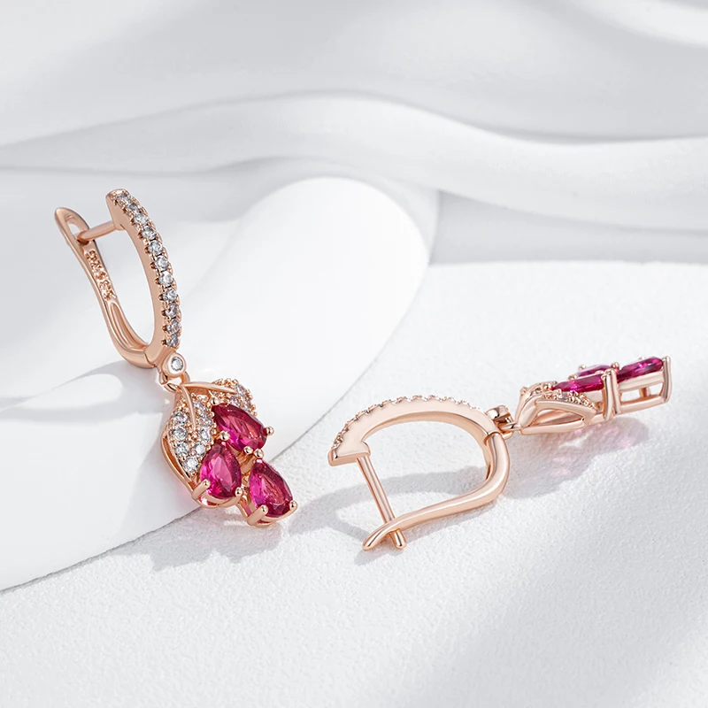 Kienl Hot 585 Rose Gold Color Flower Drop Earring for Women Fashion Red Natural Zircon Accessories High Quality Daily Jewelry