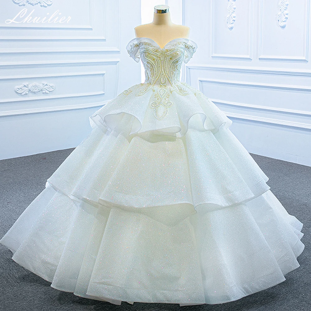 

Lhuilier Customized Boat Neck Ball Gown Tulle Wedding Dresses Crystal Beaded Tiered Bridal Gown with Chapel Train