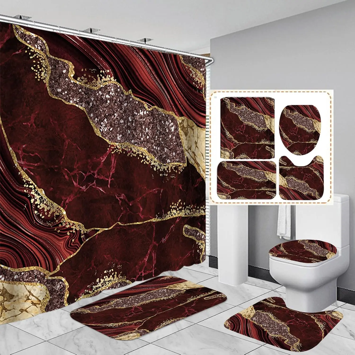 4Pcs Brown Marble Shower Curtain Set, Modern Bathroom Decor with Toilet Lid Cover, Contour Rug, Bath Mat & 12 Hooks, 72x72 Inch