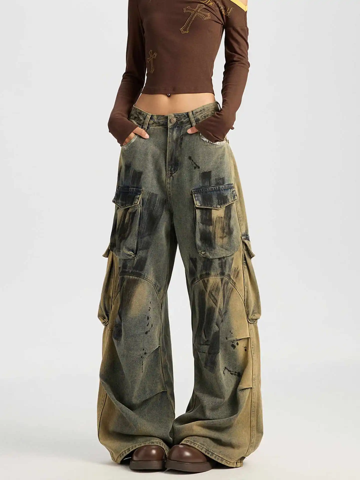 

Женские мешковатые джинсы Abi Y2k, японская уличная одежда, кибер-панк, мужские джинсовые брюки-карго, Goblin Core, гранж, Харадзюку, ковбой, ширина 2000-х годов